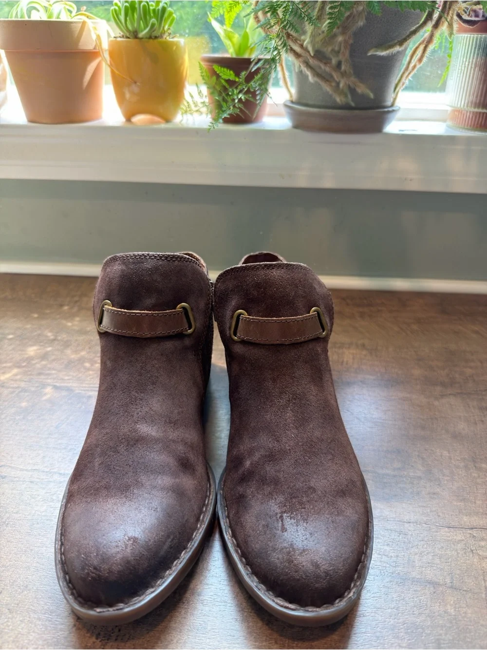 Born Brown Suede Ankle Boots Side Zip Buckle Strap Round Toe Women US 8 M